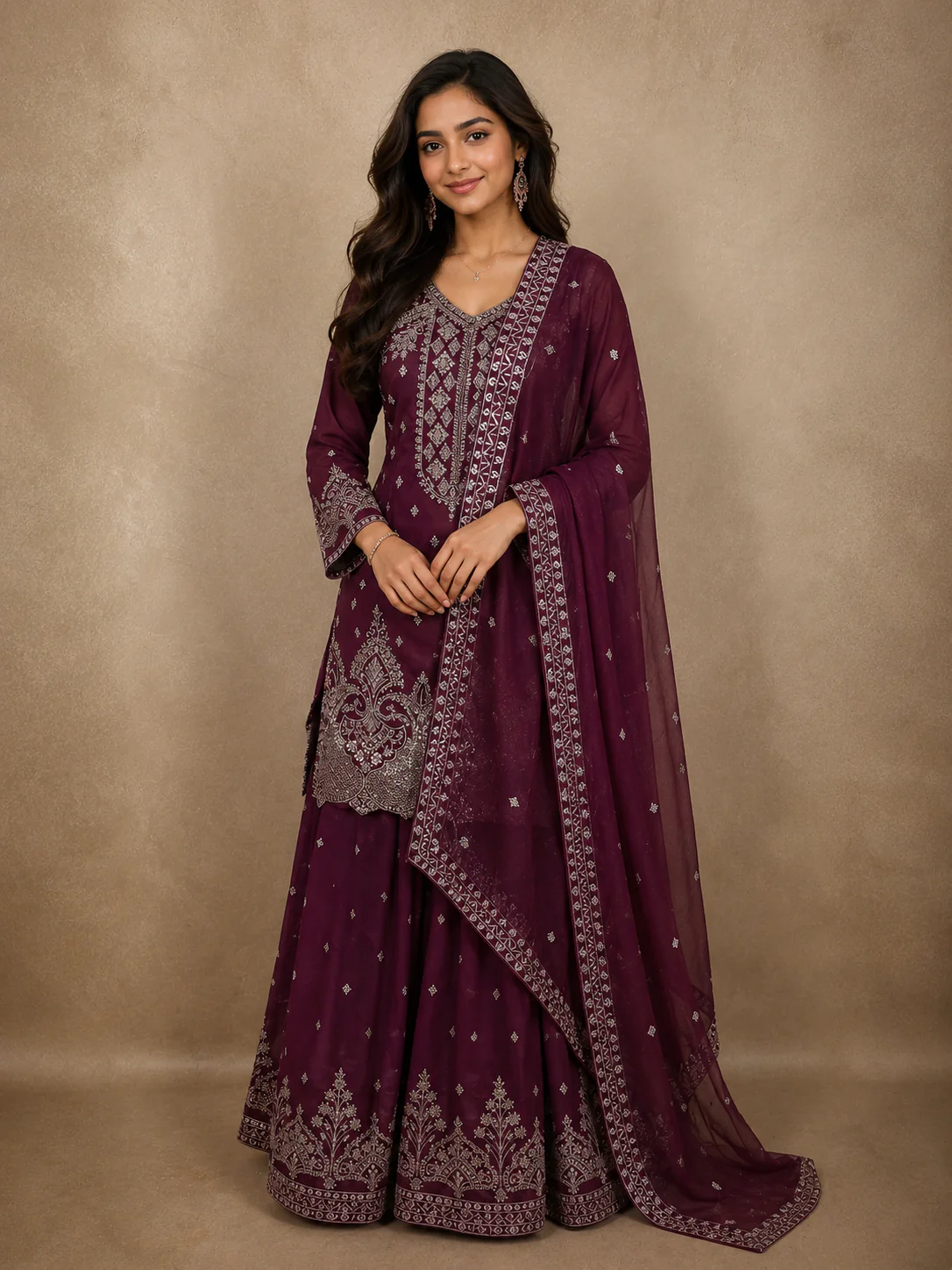 Deep Wine Plum Purple Floral Sequins and Zari Embroidered Design Tissue Organza Lehenga With Dupatta
